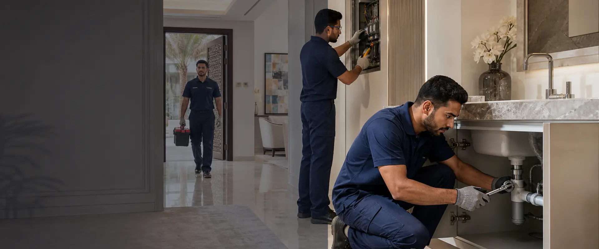Trusted technicians completing home maintenance services in a Dubai villa