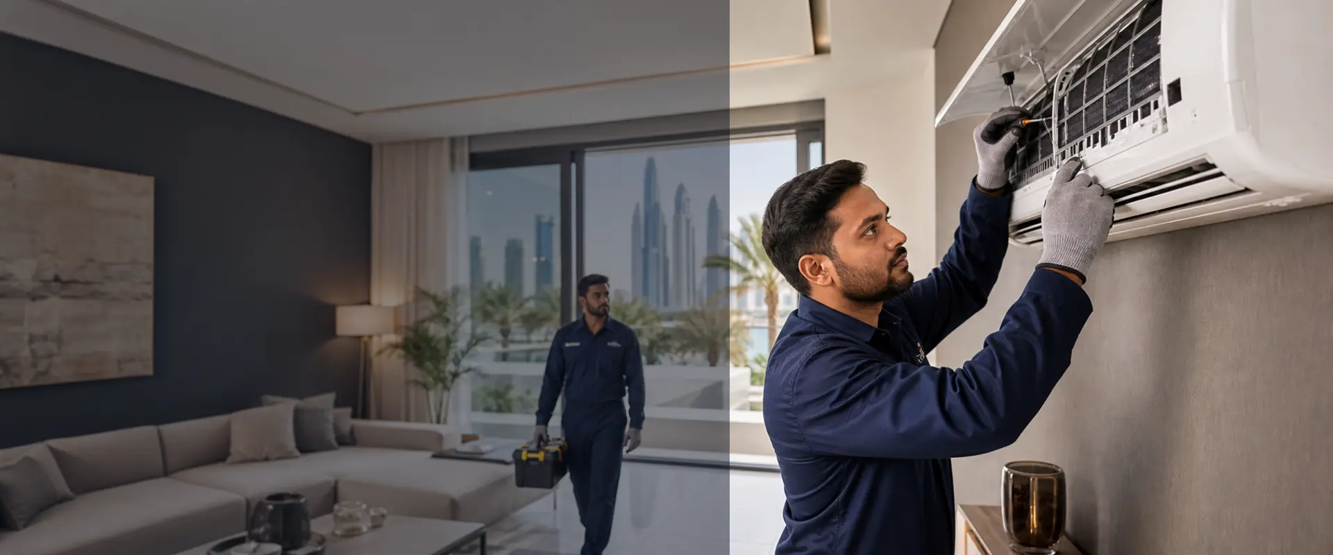 Professional home maintenance technicians working in a modern Dubai villa
