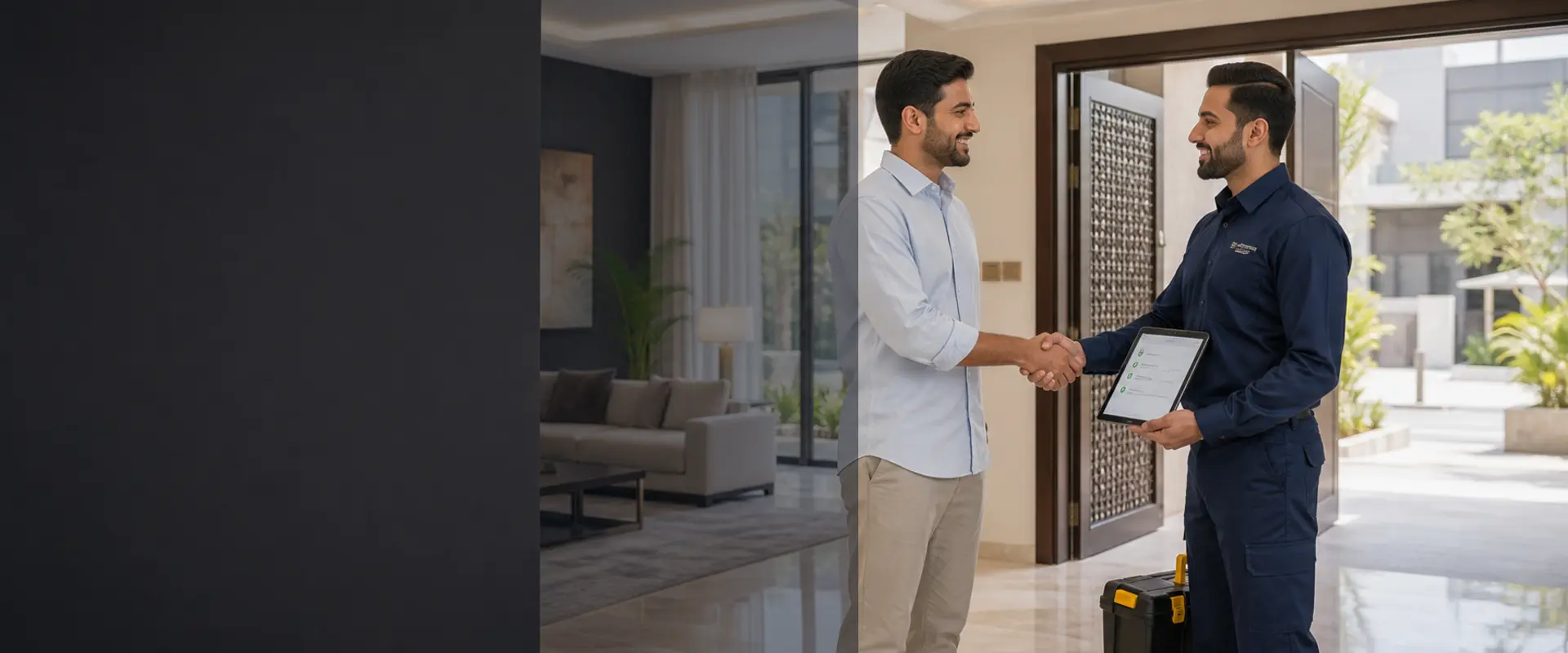 Happy Dubai homeowner with a Samcon FM maintenance technician after a completed service