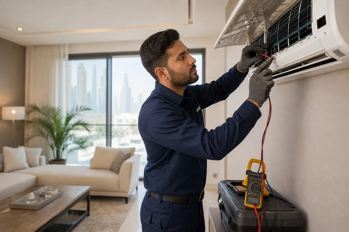 Professional AC repair technician servicing a split air conditioner in Dubai