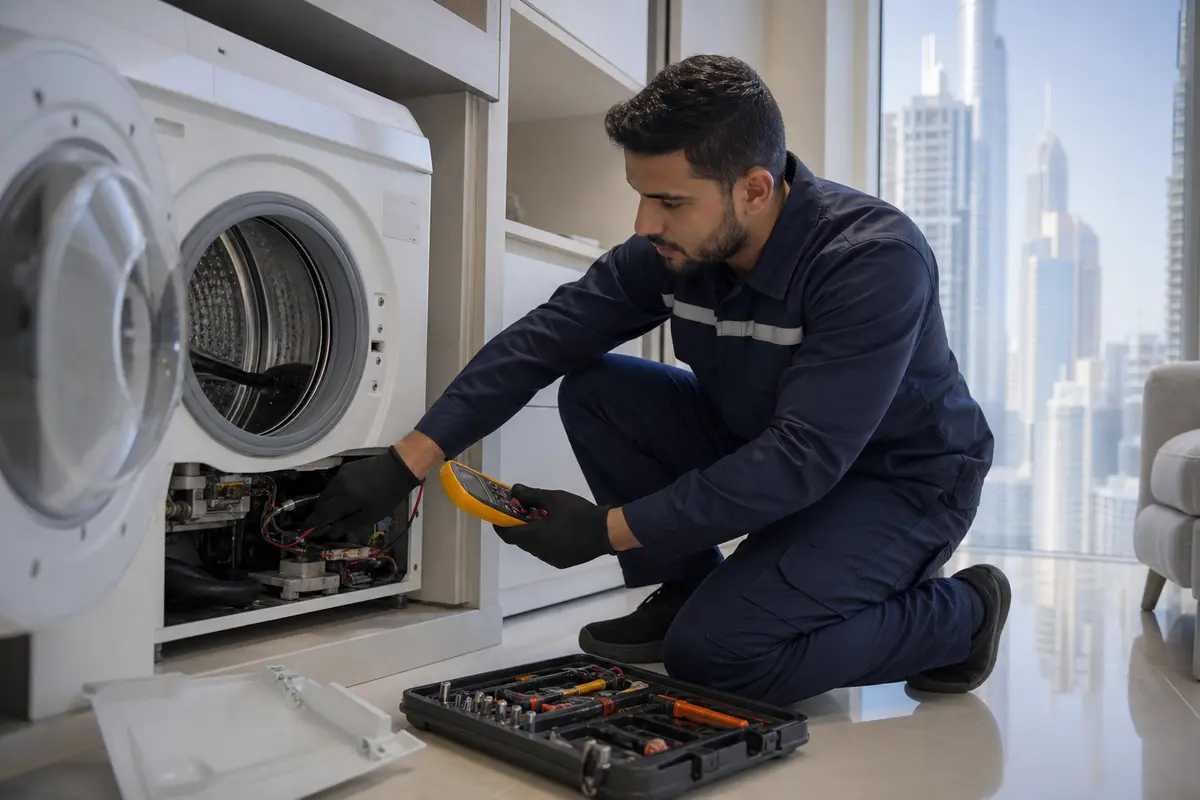 Professional appliance repair technician servicing a washing machine in Dubai