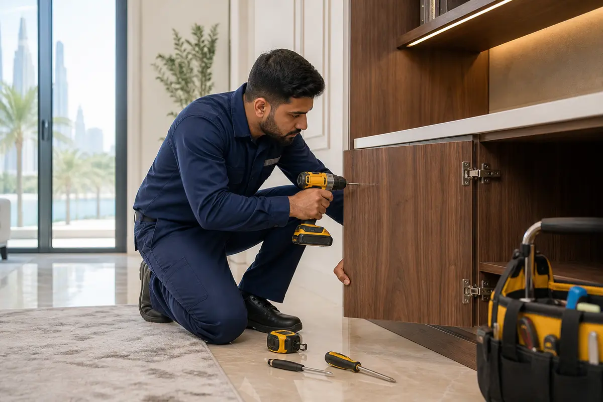 Professional carpenter repairing custom cabinetry in a Dubai home
