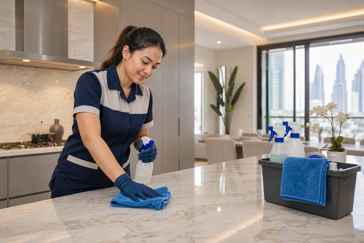 Professional home cleaning technician working in a modern Dubai residence
